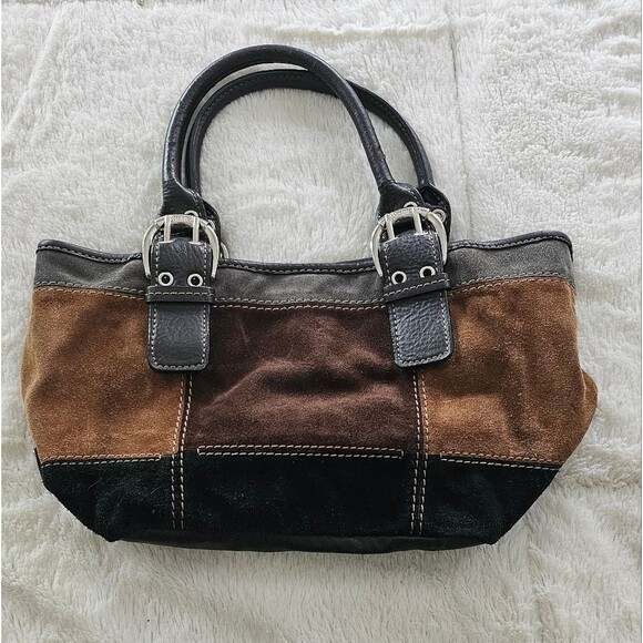 Tignanello Womens Patchwork Leather Handbag With Dual Buckle Straps - Picture 1 of 1